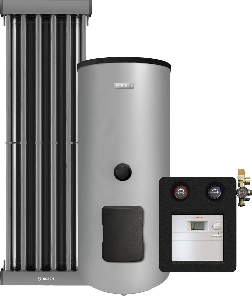 Solarthermie-System von Bosch mit vier Röhre-Solar-Kollektoren und einem Speichertank, einschließlich Bedienelementen zur Steuerung der Temperatur und des Drucks.